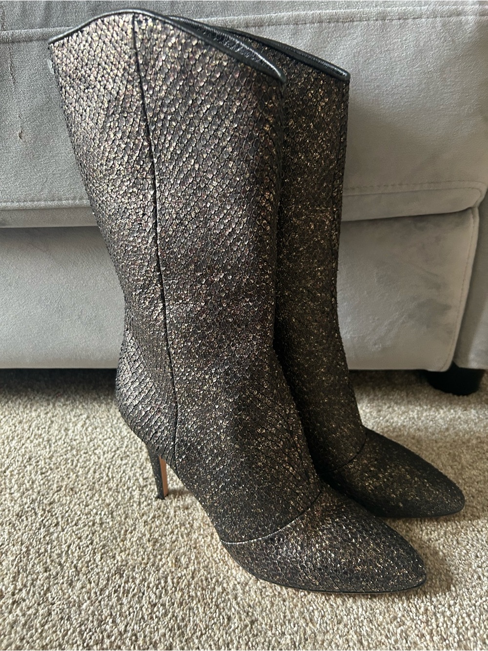 Cavalini Italy heeled pull on black gold snake skin boots 41/10